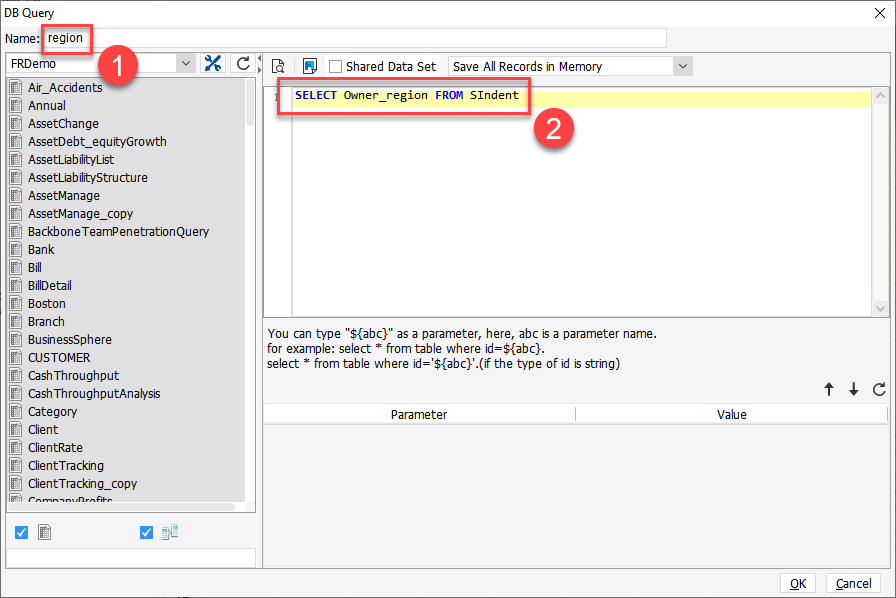 the second step of creating a dynamic report-using sql to create a dataset