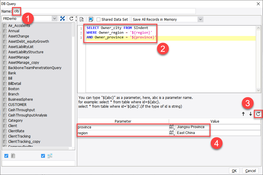 the second step of creating a dynamic report-using sql to create a dataset-3