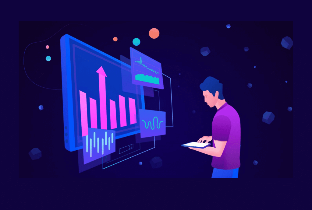 a cartoon picture showing management dashboard in business world