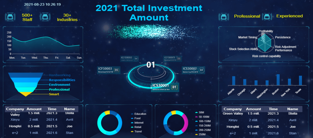 an interface of Total investment amount dashboard(by FineReport)