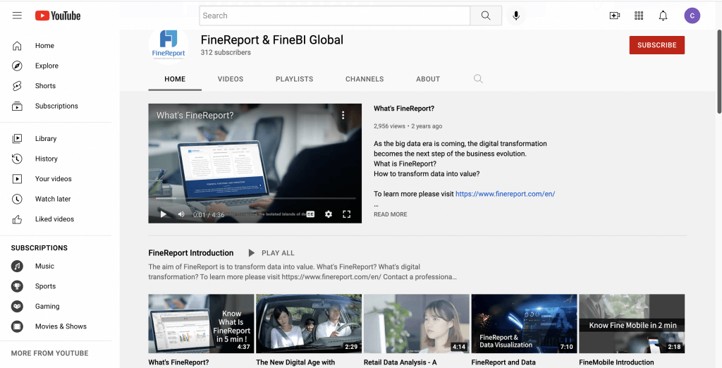 A screenshot showing Youtube videos of FineReport