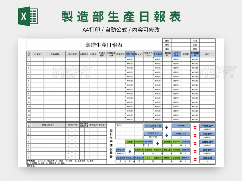 excel製造部生產日報表