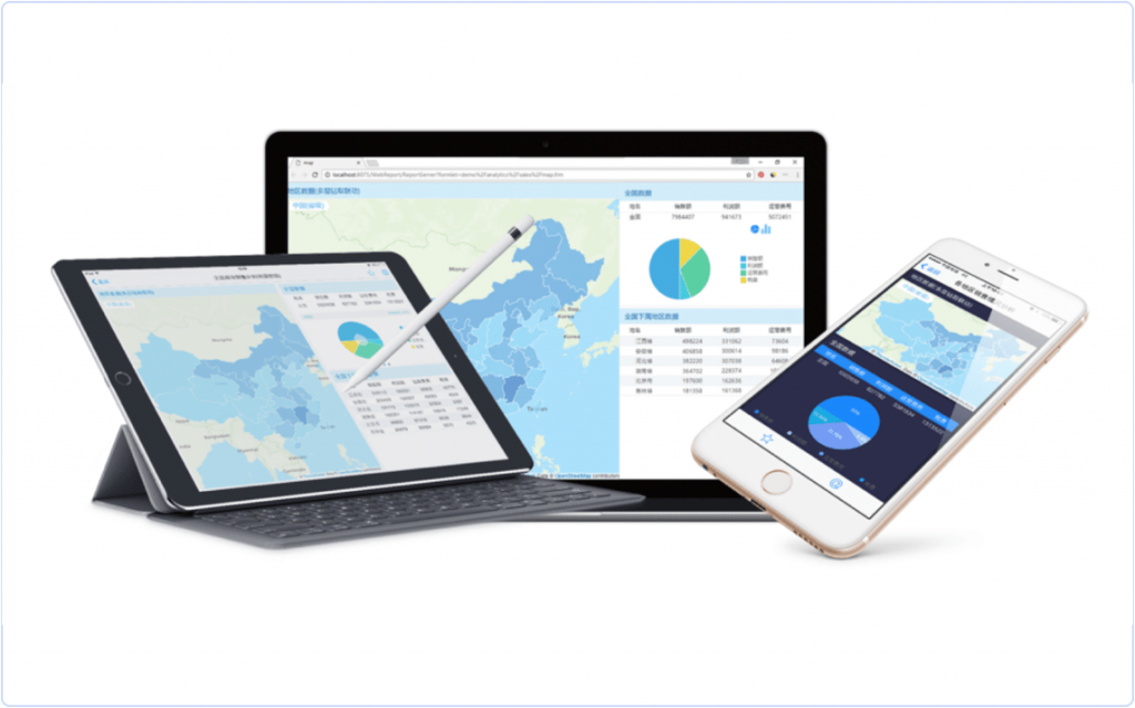 FineReport图表设计的分析模板即可在PC端、移动端和大屏等多种设备上进行自适应，帮助用户随时随地掌握企业核心数据。
