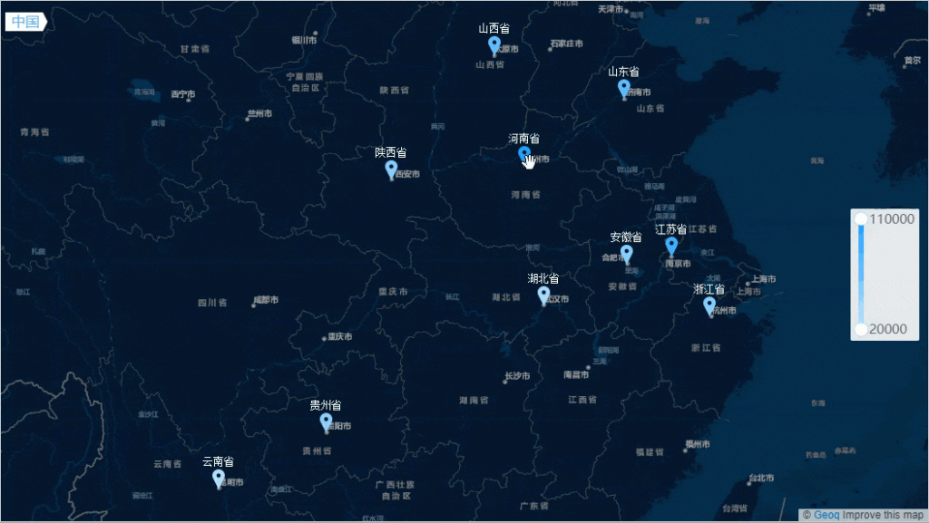 钻取点地图和钻取区域类似，区别在于钻取时可点击范围是一个点，效果如下图。