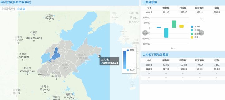 关于数据地图的钻取，此次优化了原有的旧功能。通过下拉框可以切换不同的地图，同时支持钻取返回，也可自由设定触发事件。